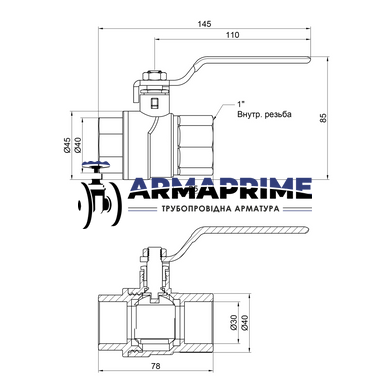 Кран латунний муфтовий ВВ Thermo Alliance Ду25 Ру40
