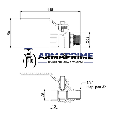 Кран латунный муфтовый ВН SD Forte Ду15 Ру40