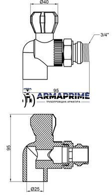 Кран кульовий кутовий радіаторний 25х3/4" Thermo Alliance